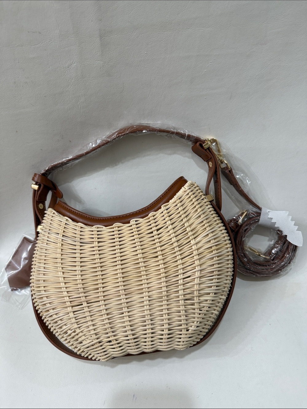 Loulou Woven Crescent Crossbody Bag in Natural & Brown - Picture 3 of 16